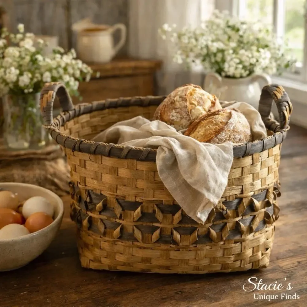 Vintage Woven Basket With Lid & Handles Two Tone Farmhouse Storage Basket